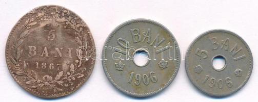 Románia 1867. 5b Cu + 1906. 5b Cu-Ni + 10b Cu-Ni T:VF,F közte lapkahiba, ü.  Romania 1867. 5 Bani Cu + 1906. 5 Bani Cu-Ni + 10 Bani Cu-Ni C:VF,F planchet error, ding