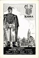 Kassa, Kosice; Magyar, tót és német nemzetiségek népesség aránya. Címer, Pátria r.-t. kiadása / Percentage of Hungarian, Slovakian and German population. Irredenta art postcad with coat of arms s: Pólya T. (kis szakadás / small tear)