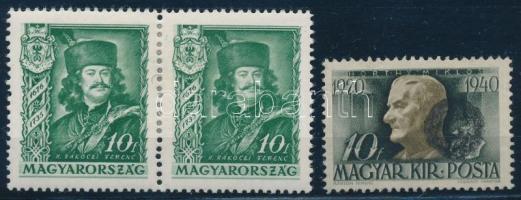 1935 Rákóczi Ferenc 10f pár a bal oldali bélyegen a bajusz vége hiányzik + 1940 Kormányzói 20 éves évforduló 10f