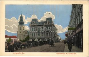 Temesvár, Timisoara; Gyárváros, Kossuth tér, Adler Ignác, Csendes és Fischer üzlete, villamos / street view, square, shops, tram (EK)