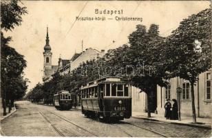 1908 Budapest I. Krisztina körút, villamosok, plébániatemplom (b)