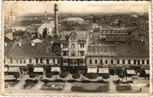 1938 Szatmárnémeti, Satu Mare; látkép, Kalocsai, Aladár Huszár, Femina, Jelenyik, Einhorn üzlete, étterem / general view with shops, restaurant (fl)