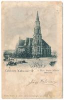 1901 Kolozsvár, Cluj; A főtéri Szent Mihály templom, piac. Dunky Fivérek cs. és kir. udvari fényképészek / church, market (ázott / wet damage)