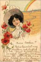 Pipacsos szecessziós hölgy / Art Nouveau Lady with poppy flowers. B. Fürth No. 3223. litho