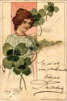 1899 (Vorläufer) Lóherés szecessziós hölgy / Art Nouveau Lady with clovers. Szénásy És Reimann Serie No. 272. litho (fa)