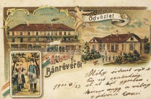 Bánréve vasútállomással és népviselettel litho