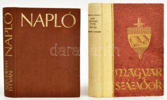 Gróf Széchenyi István naplói. Bevezette, vál. és ford.: Bóka László. Magyar Századok. Bp.,[1943.],Ardói, 1 (címkép) t. +XXIX+362 p. Kiadói félvászon-kötés, kopott borítóval, laza fűzéssel. + Széchenyi István: Napló. Bp., 1978, Gondolat. Kiadói egészvászon kötés, a borítón kis kopásnyomokkal.