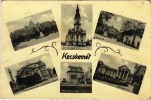 1932 Kecskemét, városháza, római katolikus nagy templom, Katona József színház és síremlék, Szentháromság szobor, múzeum, Kossuth tér (ázott / wet damage)