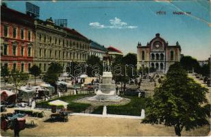 1918 Pécs, Majláth tér, piac, zsinagóga, Kossuth szobor + "Militärpflege Katonai ápolási ügy" + "K.u.k. Reservespital..." (szakadás / tear)