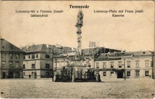 1906 Temesvár, Timisoara; Losonczy tér, Ferenc József laktanya, Szentháromság szobor, Pannonia szálloda, Temesvármegyei Gazdasági Egyesület Mezőgazdasági Szövetkezeti központja, Rech János üzlete / square, military barracks, Trinity statue, hotel, shop (Rb)