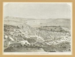 cca 1860 Messina városa Szardiniában nagy méretű fametszet 34x24 cm paszpartuban / City of Messina large woodcut engraving