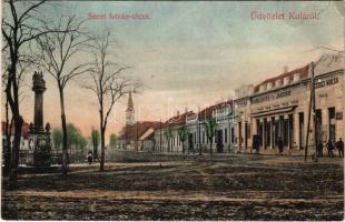 1908 Kula, Szent István utca, Kirilovits és Jakobb, Krámer János üzlete, Polgári Olvasóegylet. Fürst L. Gyula és Fia kiadása / street view, shops, reading circle (fa)