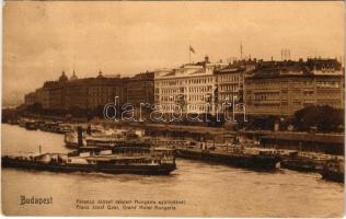 1910 Budapest V. Ferenc József (Belgrád) rakpart, Hungária szálloda, gőzhajók, villamos (Rb)