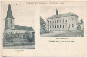 1917 Sellenberk, Sejhabér, Schellenberg, Selimbar (Nagyszeben, Hermannstadt, Sibiu); Szétlőtt evangélikus templom és iskola a román csapatok betörése után / Einbruch der Rumänen September 1916. Evang. Kirche, Evang. Volksschule / WWI Lutheran church and school after the Romanian invasion. Kunstanstalt Jos. Drotleff Nr. 64. Phot. G. Egel (fl)