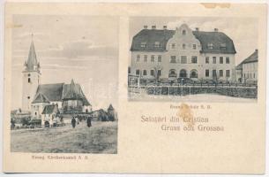 1926 Kereszténysziget, Grossau, Cristian; Evang. Kirchenkastell, Evang. Schule / Evangélikus vártemplom és iskola. Michael E. Kirr kiadása / Lutheran castle church and school (fl)