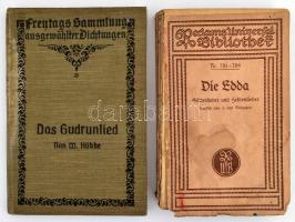 Die Edda. Götterlieder und Heldenlieder. Aus dem Altnordischen von Hans von Wolzogen. Reclam Universal Bibliothek. Nr. 781-784. Leipzig,én.,Philip Reclam. Német nyelven. Kiadói papírkötés, szakadt borítóval, foltos. + Das Gudrunlied in Auswahl und Übertragung. Für den Schulgebrauch hrsg. Walter Hübbe. Zweite Auflage besorgt von Dr. Hans Sachs. Freytags Ausgewählter Dichtungen. Wien - Leipzig, 1912., F. Tempsky - G. Freytag. Német nyelven. Kiadói egészvászon-kötés, foltos borítóval.