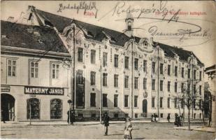 Zilah, Zalau; Református Wesselényi kollégium, Davidovits, Materny János üzlete. Seres Samu kiadása / Calvinist boarding school, shops (EK)