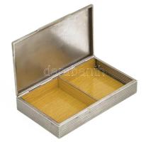 Art deco alpakka cigarettakínáló, fa betétekkel, jelzett, kis kopással, 16,5x10x3,5 cm