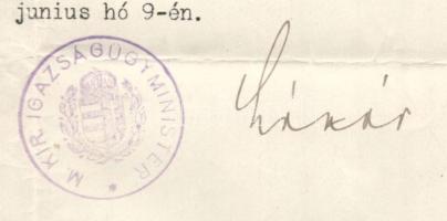 1934 M. Kir. Igazságügyminiszter által kiállított előléptető okirat, Lázár Andor igazságügyminiszter...