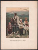 1899 Bukovinai hucul nő, lovagló hucul, rutén nő és román férfi. Színes nyomat, papír. (In: Az Osztrák-Magyar Monarchia írásban és képben, XVII. köt.: Bukovina). Lapméret: 28x21 cm.