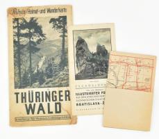 cca 1900-1950 3 db külföldi térkép: Wagner & Debes -London; Illustrierter Führer auf den Cecho-slovakischen Staatsbahnen: Bratislava-Zilina; Phönix Heimat- und Wanderkarte Thüringer Wald. Változó méretben és állapotban.