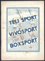 cca 1930 Téli sport, vívósport, boxsport felszerelések árjegyzéke, kiadja: Skaba és Plökl (Bp. VI., Vilmos császár út 33.) fegyver-, lőszer- és sportáruraktára, puskaműves-műhelye. Bp., Ifj. Keller Ernő-ny., 32 p. Számos fekete-fehér illusztrációval. Kiadói papírkötés, foltos, kissé szakadt borítóval.