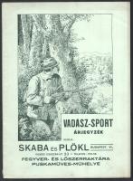 cca 1930 Vadász-sport árjegyzék, kiadja: Skaba és Plökl (Bp. VI., Vilmos császár út 33.) fegyver- és lőszerraktára, puskaműves-műhelye. Bp., Ifj. Keller Ernő-ny., (4)+50 p. Számos fekete-fehér illusztrációval. Kiadói papírkötés, minimálisan sérült borítóval, több lapon kivágásból eredő hiányokkal.