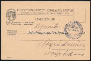 1921 Független Nemzeti Királyság Pártja levelezőlap