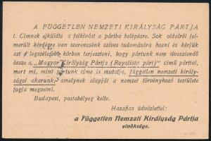 1921 Független Nemzeti Királyság Pártja levelezőlap