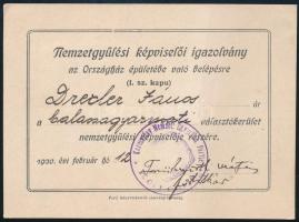 1920 Nemzetgyűlési képviselői igazolvány Drexler János részére