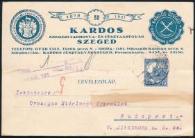 1931 Kardos tarhonya, Szeged fejléces levélboríték