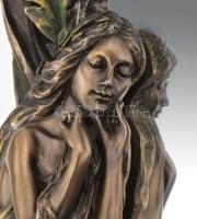 Szecessziós stílusú, plasztikus nőalakkal díszített modern tükör, dekoratív keretben, asztalon kitám...