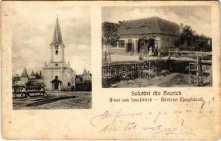 Újegyház, Leschkirch, Nocrich; Evangélikus templom, D. J. Bernhardt üzlete és saját kiadása / Lutheran church, publisher&#039;s shop (EK)