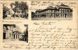 1905 Dés, Dej; Rákóczi ház, Törvényszék, Szolnok-Doboka vármegye Nemzeti színháza. Gálócsi Samu kiadása / Rákóczi house, court, theatre (EK)