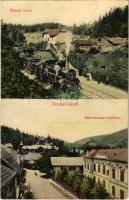 1908 Tusnádfürdő, Baile Tusnad; Érkező vonat a vasútállomáson, gőzmozdony, vasutasok, Háromhuszár szálloda. Kiadja a Dragomán cég / arriving train at the railway station, locomotive, railwaymen, hotel (EK)