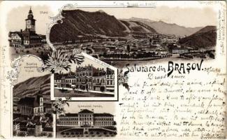 1904 Brassó, Kronstadt, Brasov; Sfatul, Tergul graului, Gimnasiul roman, Biserica evanghelica / látkép, városháza, Evangélikus templom, Román gimnázium, Búzapiac / general view, town hall, Lutheran church, Romanian grammar school, market row. Art Nouveau, floral, litho (Rb)