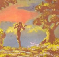 Jelzés nélkül: Női alak a tájban. Selyemre festett kép üvegezett keretben XX. sz. eleje. 40x50 cm