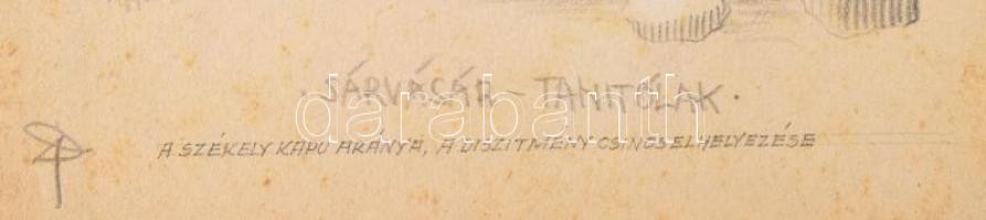 Székelykapukat, kopjafákat ábrázoló össz. 6 db grafika. Ceruza, papír, jelzettek. Kartonra kasírozva...