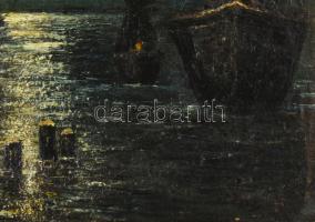 Olvashatatlan jelzéssel (jobbra lent): Kikötő. Olaj, farost, felületi töréshálóval. Sérült fakeretbe...