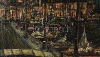 Olvashatatlan jelzéssel (jobbra lent): Kikötő. Olaj, farost, felületi töréshálóval. Sérült fakeretbe...