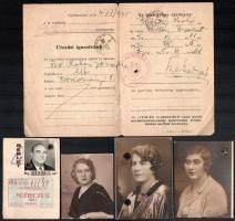cca 1935-1944 Régi igazolványokból származó fényképek, 3 db + 1945 özv. Kokas Józsefné részére kiállított utazási igazolvány + cca 1980 Fényképes autóbuszbérlet