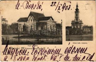 1903 Máramarossziget, Sighetu Marmatiei; Sugár úti villa, Római katolikus templom. Kiadja Kaufmann Ábrahám / villa, Catholic church (fa)