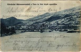 1914 Máramaros, Maramures; Tisza és Visó folyó egyesülése, tél. Csermak M. amateur felvétele / Tisza and Viseu rivers merging, winter (EK)