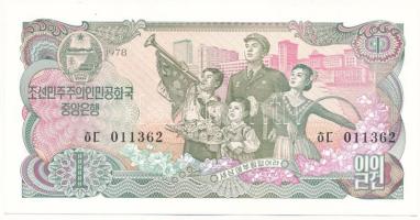 Észak-Korea 1983. (1978) 1W hátoldalán zöld pecséttel (deviza igazolás) T:UNC North Korea 1983. (1978) 1 Won with green stamp on reverse (as Foreign Exchange Certificate) C:UNC  Krause P#18b