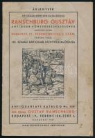 1937 Ranschburg Gusztáv antiquar könyvkereskedésének 139. számú antiquar könyvkatalógusa (árjegyzék). Bp., Löbl D. és Fia-ny., 42 p. Tűzött papírkötés, foltos borítóval.