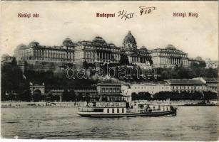 1910 Budapest, Királyi vár, ingahajó Hunyadi János keserűvíz reklámmal, Fiume szálloda (EK)