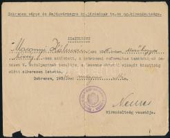 1934-1941 Mosonyi Kálmán részére kiállított igazolványok (2 db), levente oktatói vizsga letételéről, ill. levente csapatparancsnokképző tanfolyam elvégzéséről, az egyik sérült