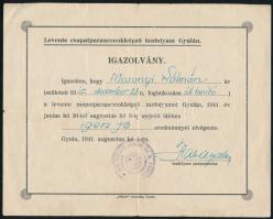 1934-1941 Mosonyi Kálmán részére kiállított igazolványok (2 db), levente oktatói vizsga letételéről,...