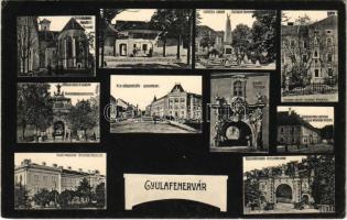 1910 Gyulafehérvár, Karlsburg, Alba Iulia; Cs. és kir. gyalogsági laktanya, Custozza szobor, Lozenau emlékmű, Károly-kapu a várban, K.u.K. katonák, Törvényszék, Újkapu, Tiszti pavilon, Tüzérlaktanya. Petri F. Vilmos kiadása / K.u.K. military infantry and artillery barracks, monuments, castle gates, K.u.K. soldiers, court, officers&#039; pavilion (EK)