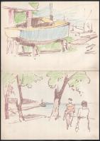 Jelzés nélkül, össz. 7 db rajz: Balatoni életképek, hajókkal, emberekkel. Filctoll, kréta, ceruza, p...
